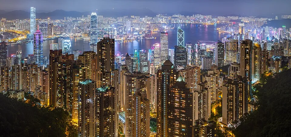 Hong Kong’s illuminated skyline and Victoria Harbour seen from the Peak at night