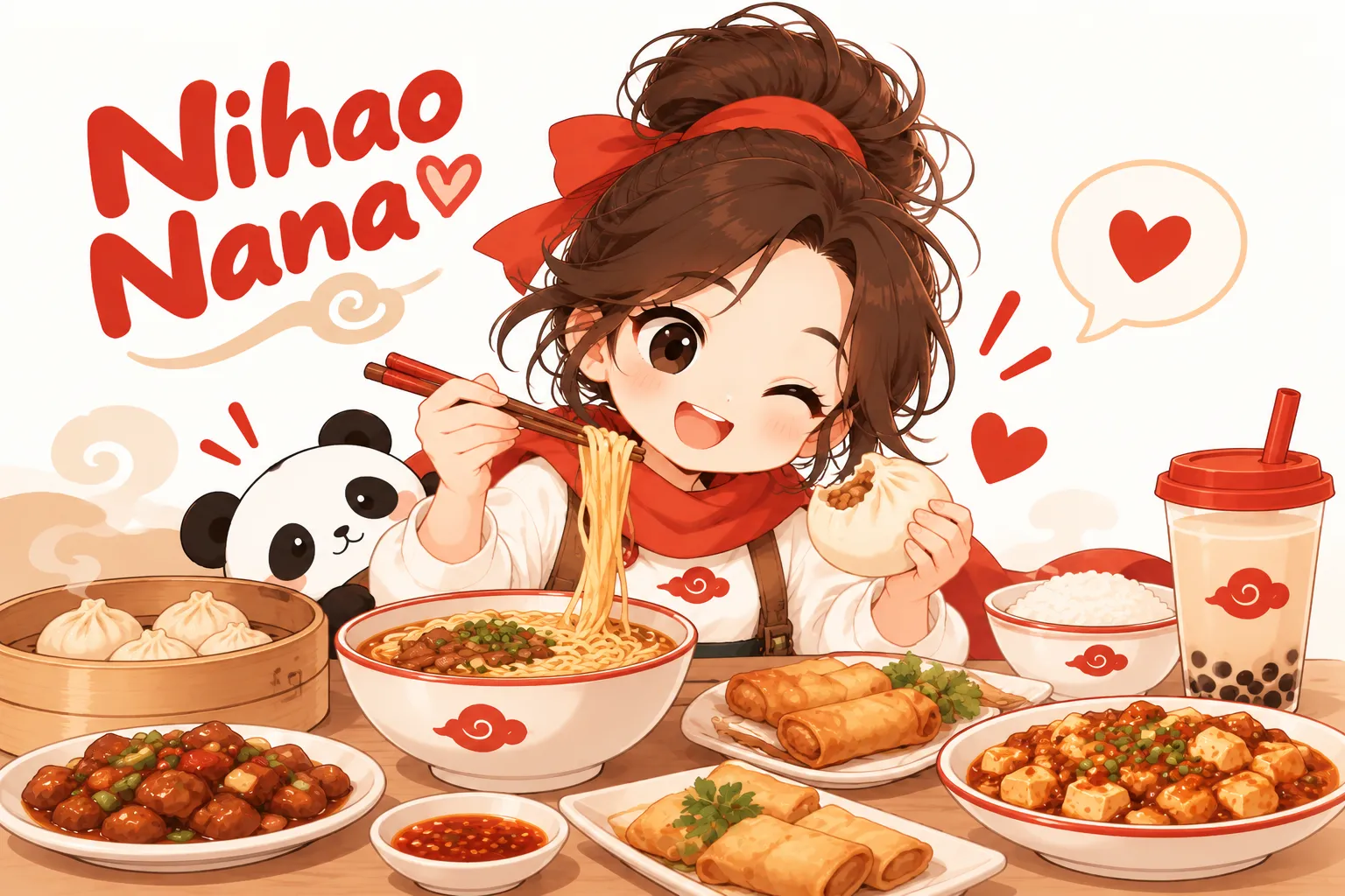 Nana eating noodles and a steamed bun at a table of Chinese dishes, with a panda beside her
